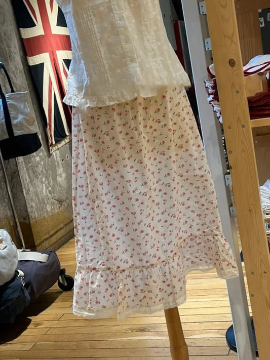 Red Floral Print Cotton Thin Midi Skirt Women Summer Elastic Waist Lace Trim A-line Faldas Sweet Casual Fashion Long Skirts New
