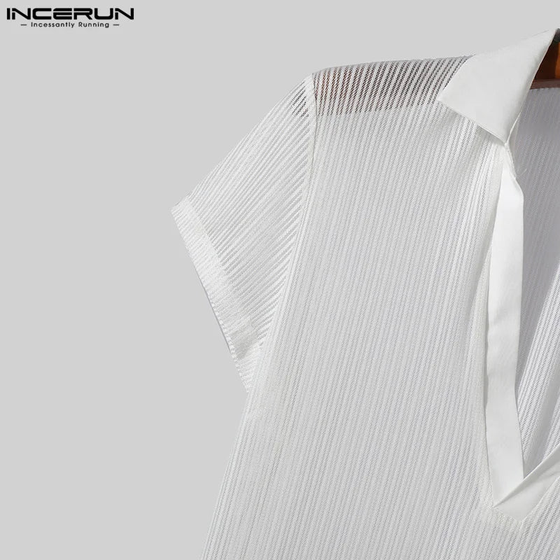 Fashion Well Fitting Tops INCERUN Men's Striped Perspective V-neck T-shirts Casual Streetwear Short Sleeved Camiseta S-5XL 2024