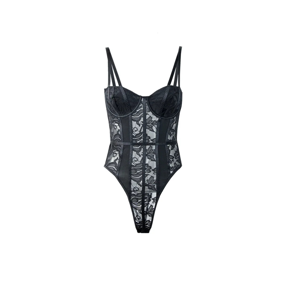 Sexy black lace bodysuit with sheer panels, structured cups, and high-cut thong bottom.