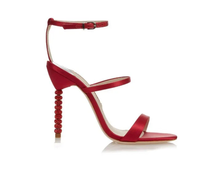 Red Silk Thin Straps Silver Frosting Beads Heels Sandals Wedding High Heels Cutout Open Toe Metal Beading Heels Banquet Shoes