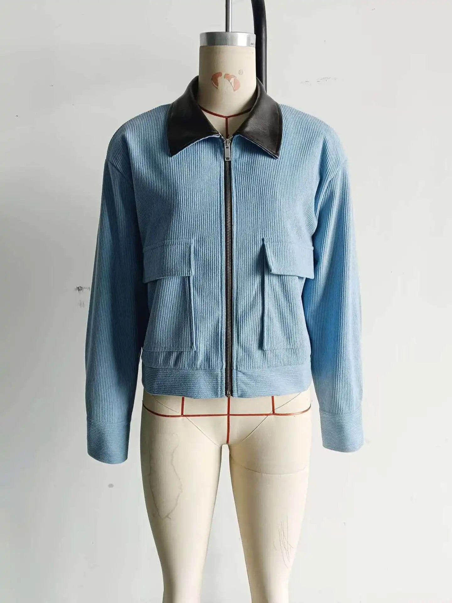 Women Pu Leather Collar Pink Cropped Jacket Corduroy Fashion Long Sleeve Zipper Coat 2026 New Lady Spring Chic Street Outwear