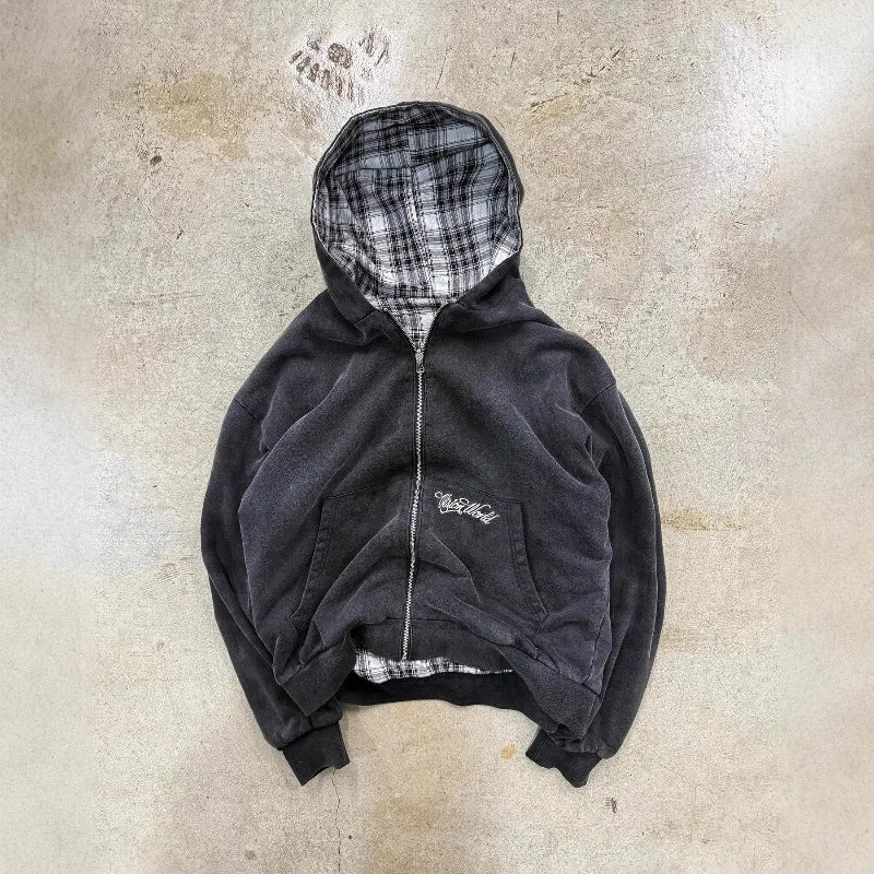 Harajuku Y2K Men's Hoodie Tracksuit Autumn Winter Two-Way Wear Plaid Zip Up Sweatshirt Casual Streetwear Retro Fashion New Style