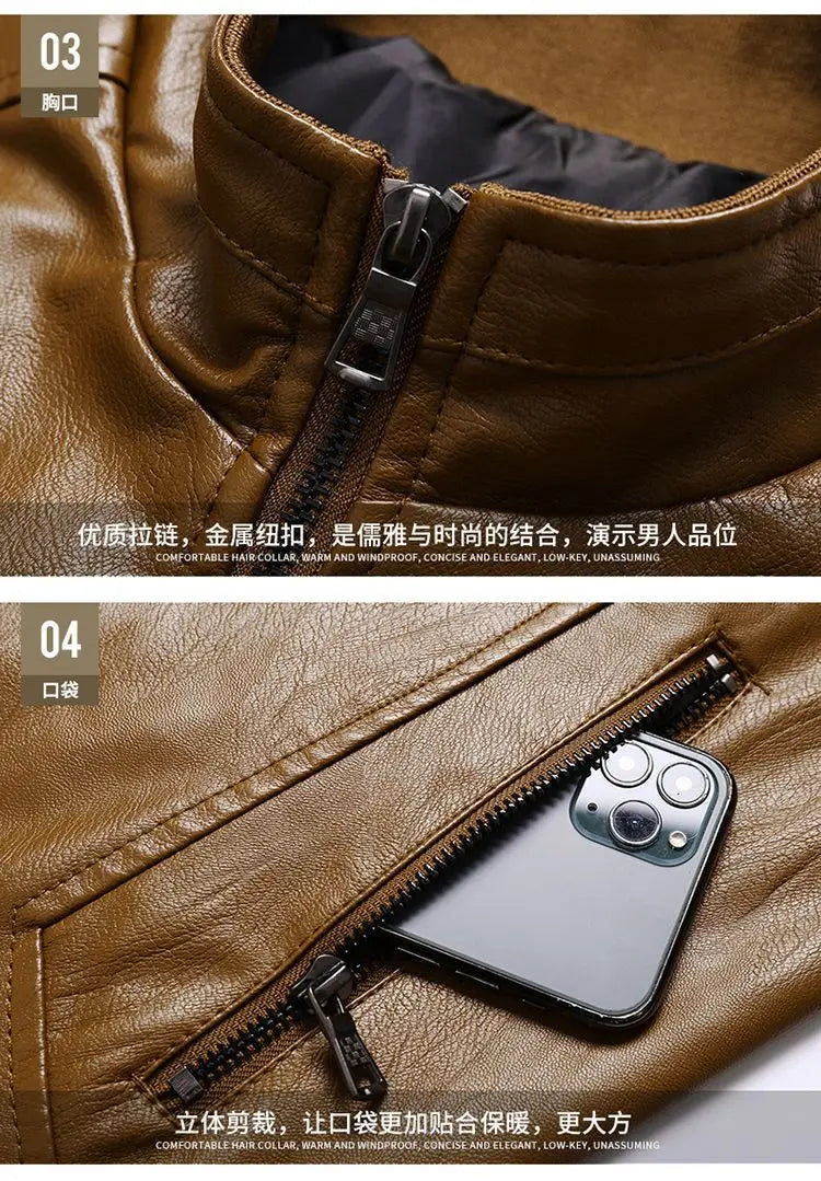 Trendy Casual Loose Jacket for Men with Velvet Thickened Winter with PU Leather Stand Collar