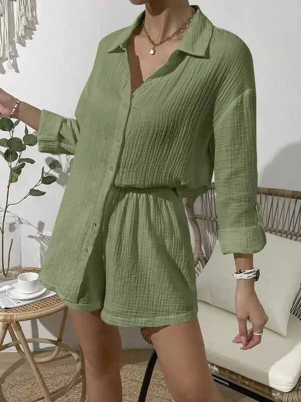 100% Cotton Gauze Muslin Sets For Women 2 Pieces Long Sleeve Shirts And Loose High Waist Mini Shorts Sets Ensemble Femme
