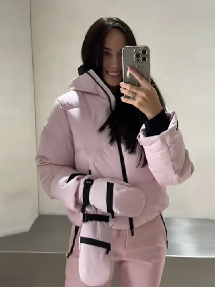 Women Hooded Zipper Short Skiing Cotton Jacket Long Sleeved Thick Warm Coat Comfortable Long Sports Pant 2025 New Lady Sport Set