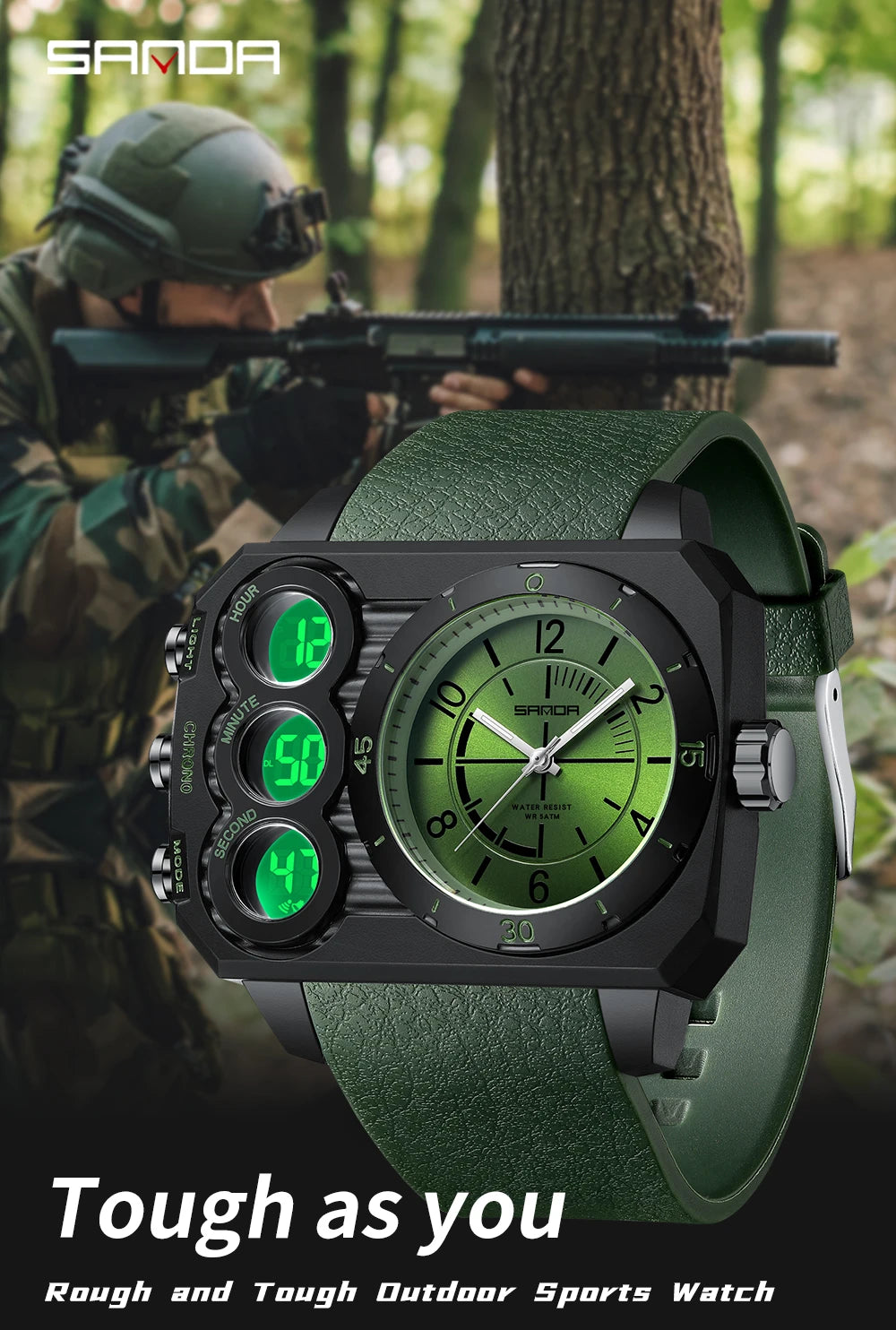 SANDA Men Watch Square Big Dial Waterproof Double Display Wristwatch Man Chronograph Digital Clock Men's Military Quartz Watches