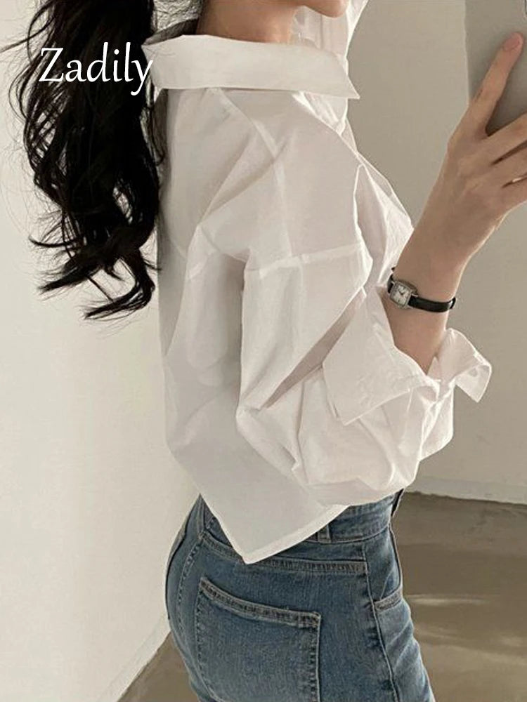Zadily White Casual Long Sleeve Crop Top Blouse Korea Style Women Spring 2023