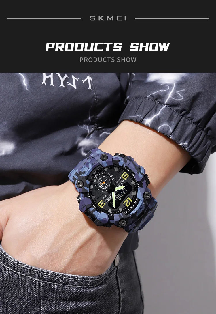 Skmei Men's Military Sport's Wristwatch Fashion Big Size Dial Quartz Analog Three Time Zone Male Led Waterproof Stop Watches