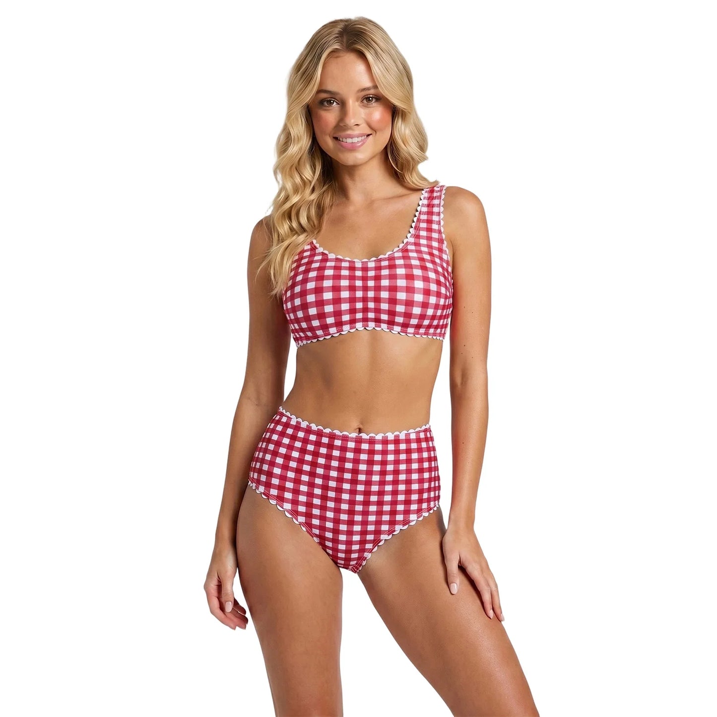 Women Push Up Bikini Contrast Striped/Plaid Scallop Trim Tops and Thongs Swimwear Summer Casual Bathing Suits for Beach Pool