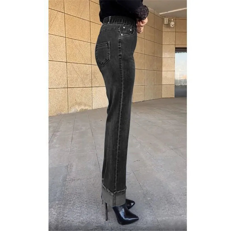 Plus Size Middle Aged Womens Jeans Elastic Waist High Waist Loose Denim Pants
