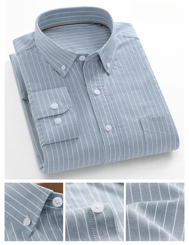 Fashion korean trends casual long-sleeve shirts for men slim fit plain shirt 100%cotton plaid striped tops soft designer clothes