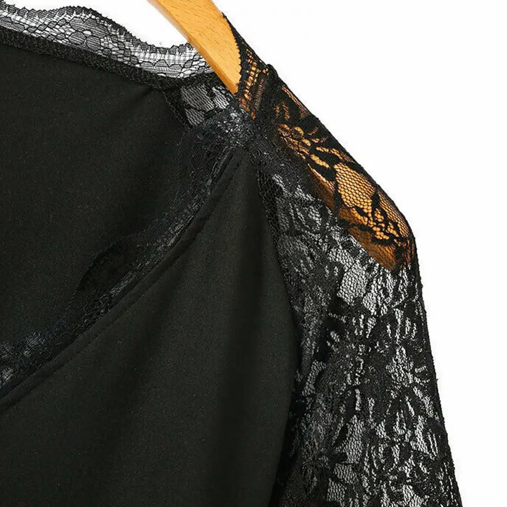 Women V Neck Lace Summer Short Sleeve Tee Top Slim Fit Pullover Blouse