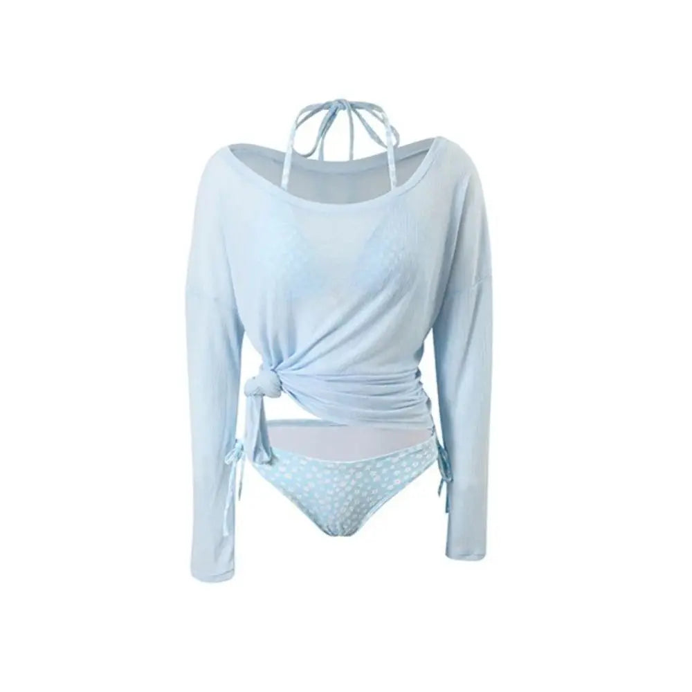 Lace-up Women's Swimwear Set Beachwear Sun Protection 4Pieces Bikini Swimsuit Loose Mesh Transparent Bathing Suit Resort Wear