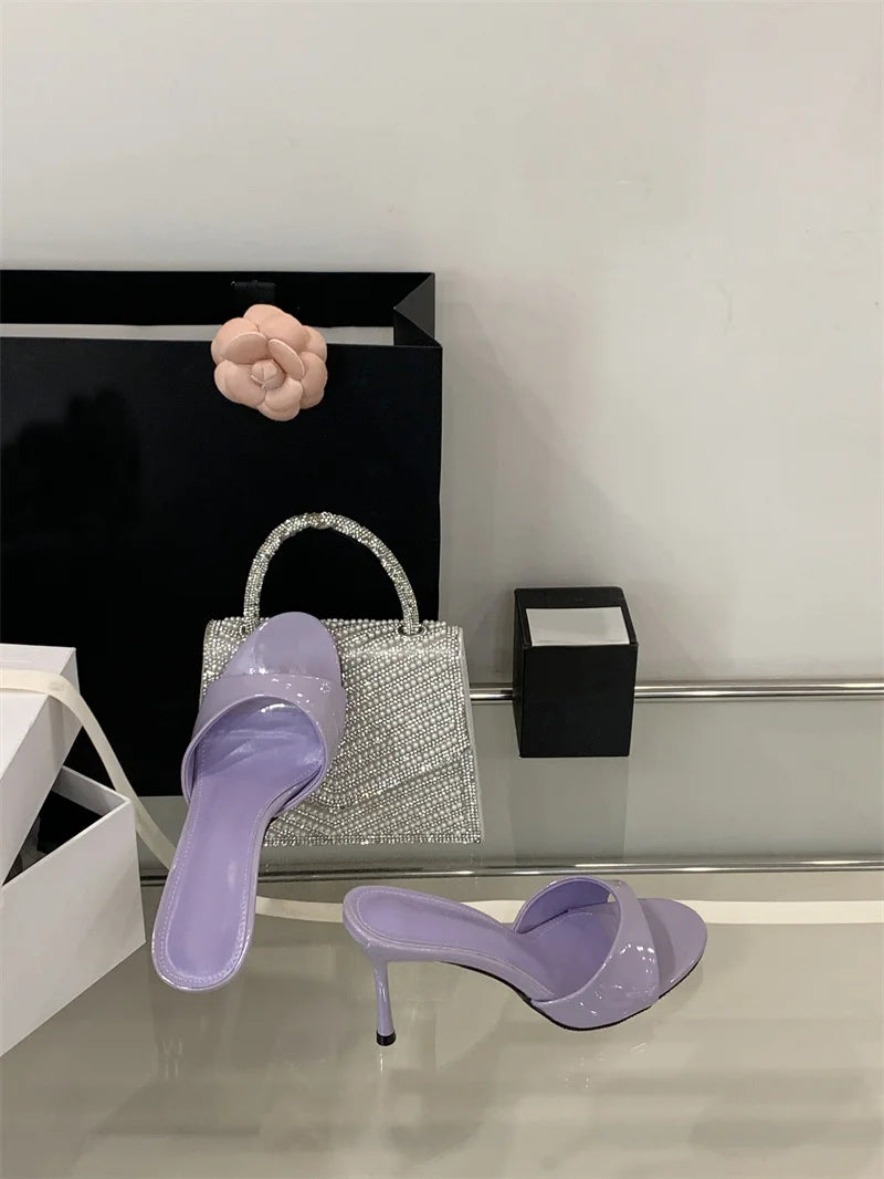 Liyke White Patent Leather Women Slippers Sandals Fashion Round Open Toe Thin High Heels Mules Slides Summer Party Dress Shoes