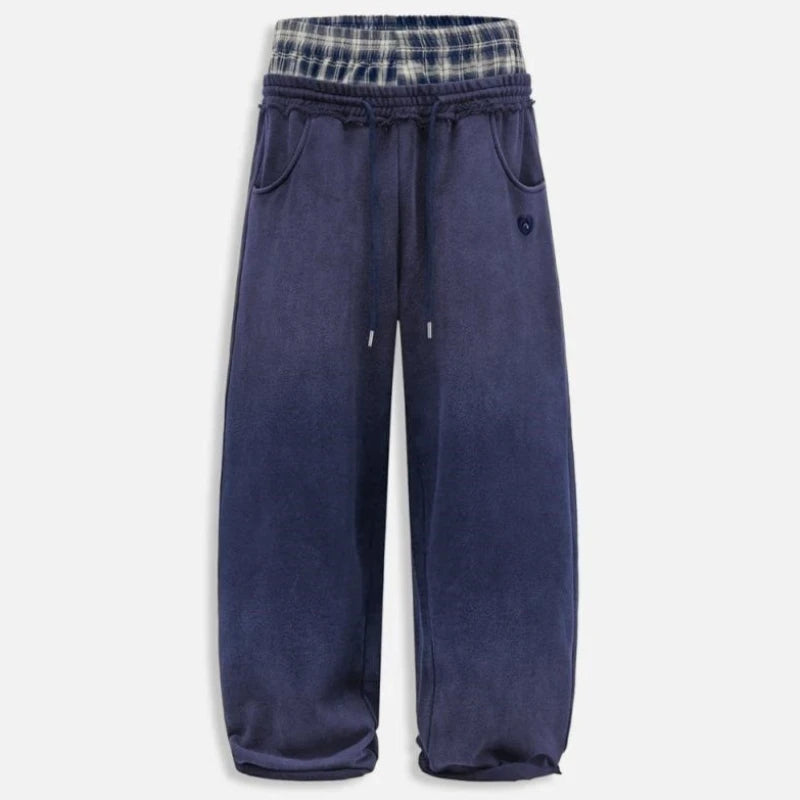 Mens Pants Washed Plaid Patchwork Double Waist Straight Leg Trousers Harajuku Unisex Low Rise Loose Fit Casual Streetwear New