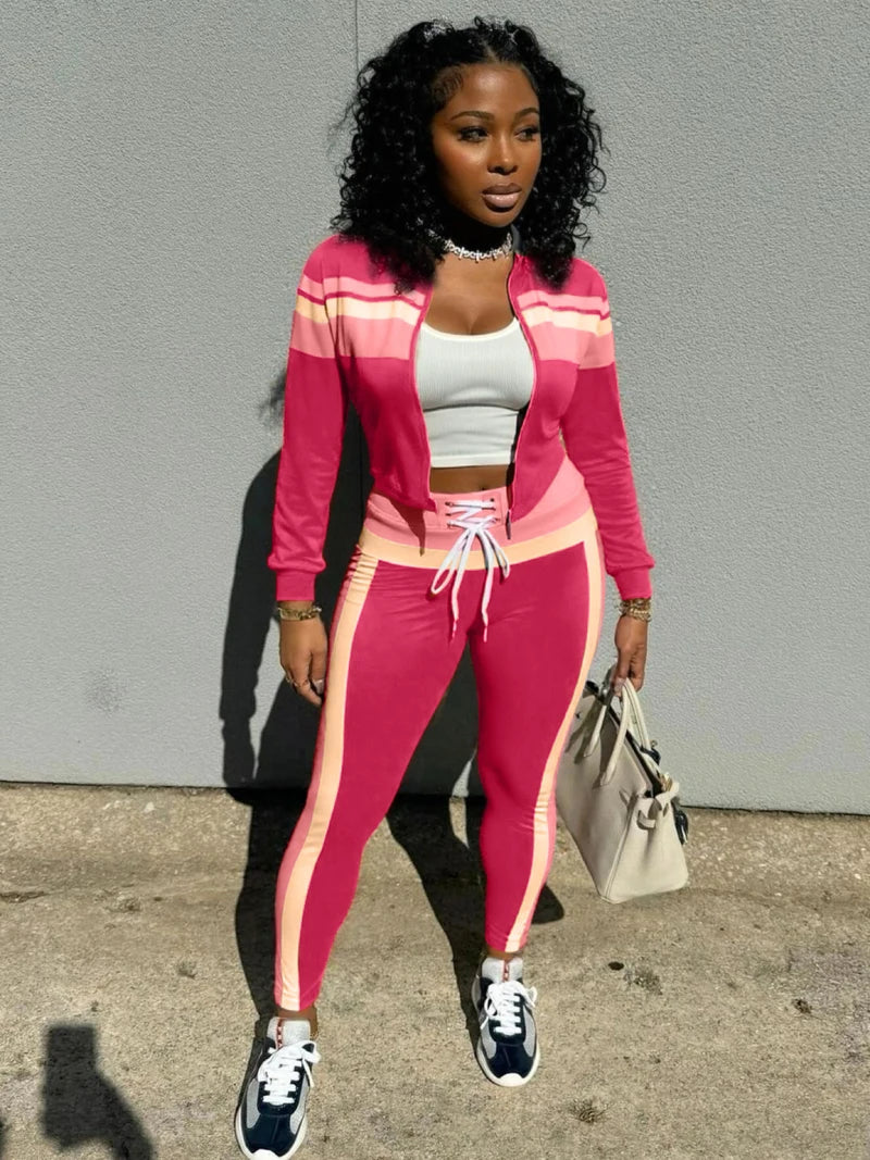 Fashion Women Tracksuit Streetwear 2piece Set Color Block Long Sleeve Zipper Jacket and Pants Sporty Fitness Gym Two Piece Sets