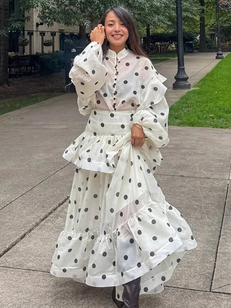 Polka Dot Skirt 2 Piece Set Women Casual High Collar Tie Full Sleeves Elastic High Waist Long Skirt Suit Lady Daily Outfit New