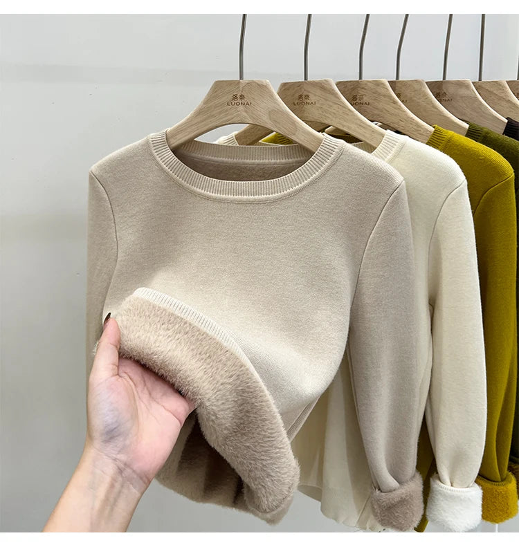 Women's O-neck Velvet Thicken Sweaters Winter Slim Warm Long Sleeve Knitted Tops Casual Plush Fleece Lined Soft Pullovers Ladies