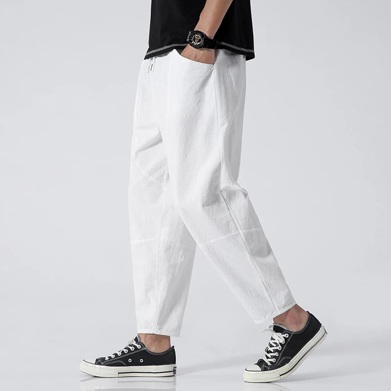 100% Cotton Men's Summer Casual Loose Pants Trendy Japanese Style Cropped Pants for plus Size Men up to 5XL