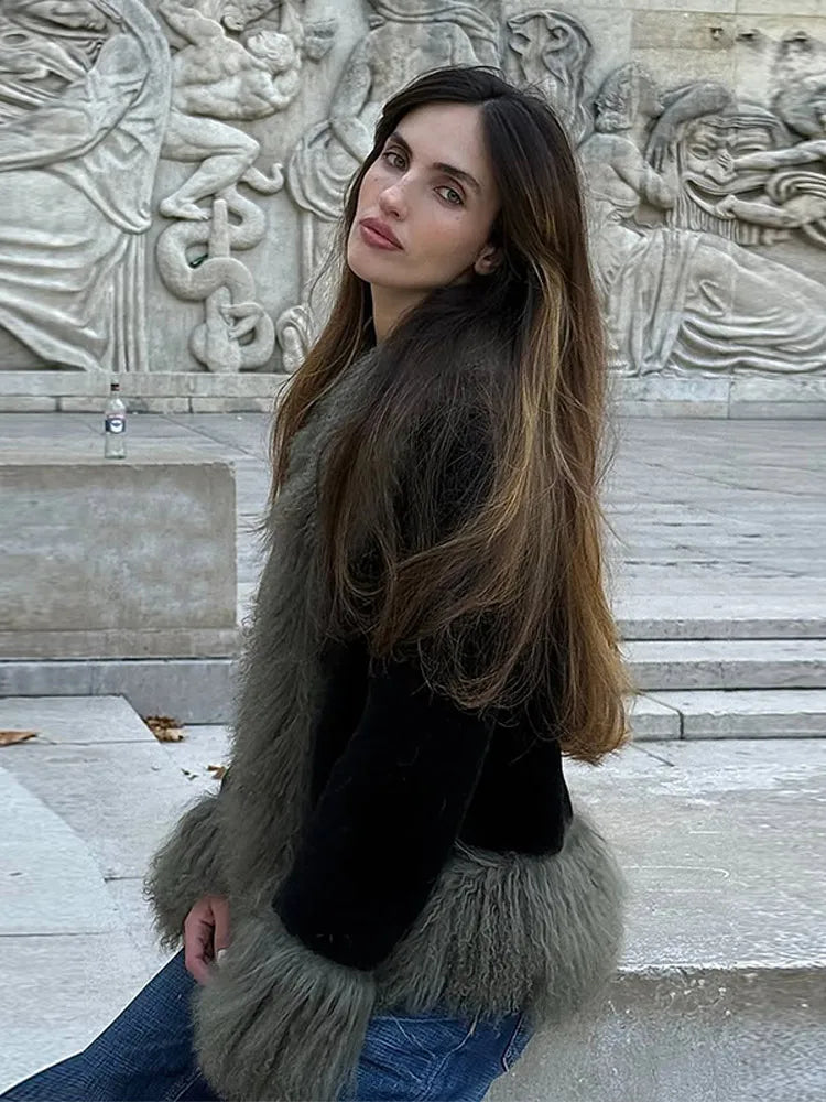 Vintage Patchwork Women's Faux Fur Trim Coat Urban Lapel Full Sleeve Female Jacket Female 2026 Autumn Winter Lady Streetwear New