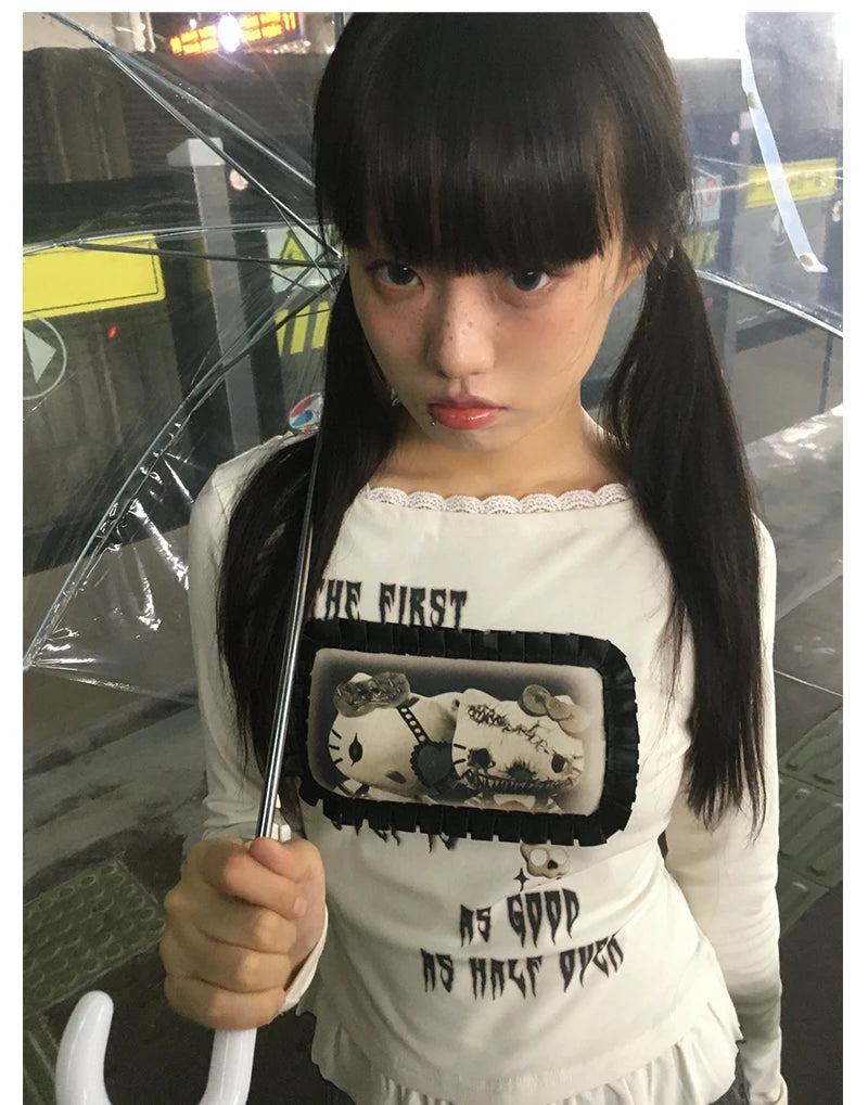 Karrram Japanese Y2k Anime Print T-shirt Trashy 2000s Style Long Sleeve T Shirt Vintage Harajuku Lace Patchwork Tops Grunge 90s