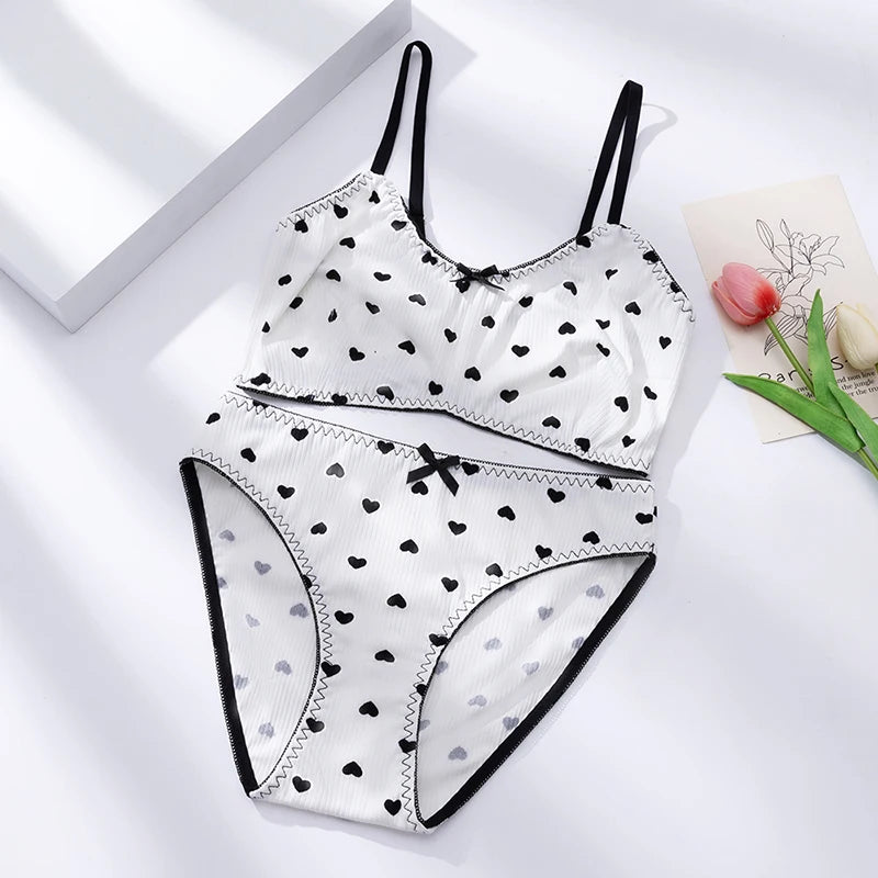 BZEL Women's Bra Sets Breathable Ultra-thin No Underwire Sexy Lingerie Heart Print Sweet Underwear Soft Cozy Female Panties Sale