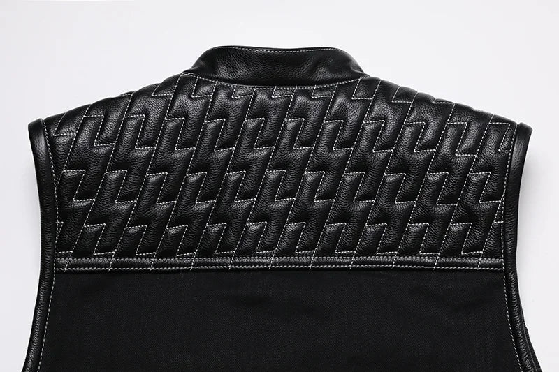 SOA Club Style Motorcycle Leather Vest Men Cowhide Denim Patchwork Waistcoat Sons of Anarchy Biker Vests Man Sleeveless Jacket