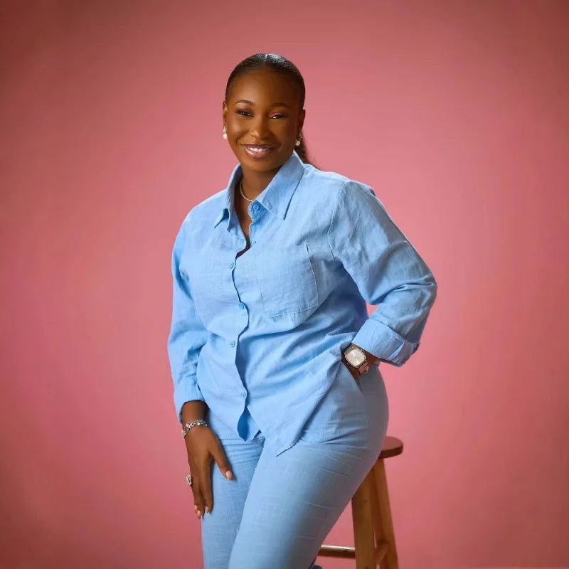 African Style Women 2 Piece Casual Outfits Blue Button Shirt & Wide Leg Pants Set Elegant Daily Streetwear Loose Loungewear