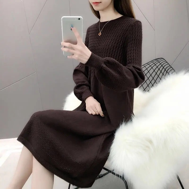Solid O Neck Long Sleeve Sweaters Jersey Dress Elegant Fashion Harajuku Slim Fit Female Clothes Casual Sweat All Match Dresses