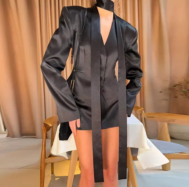 Women Skirt Set V-neck Necktie Detail Cropped Satin Blazer Solid Mini Skirt Elegant Formal Party Office Outfit 2 Piece Suit Y2K