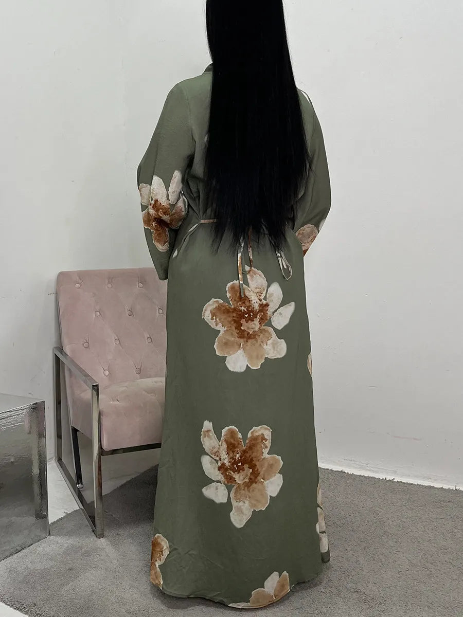 Women Arabic Eid Muslim Dubai Abaya Dress Luxury Fashion Flower Print Long Dress Kaftan Robe Femme African Islam Clothing Kebaya