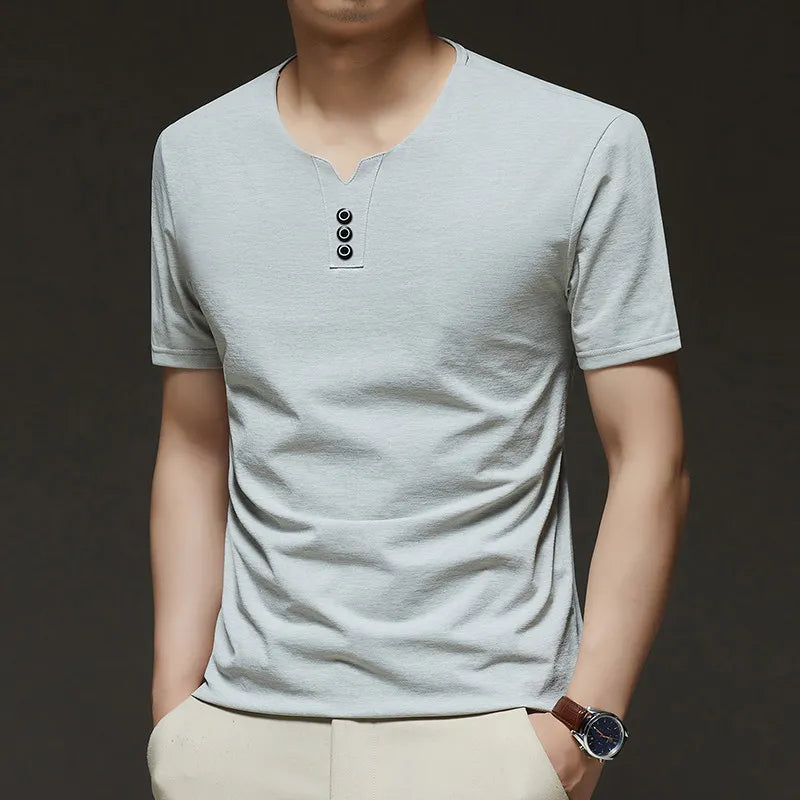 2025 New Men's Business Casual Three Button V-neck Short Sleeved T-shirt Korean Style Summer Comfortable Versatile Top