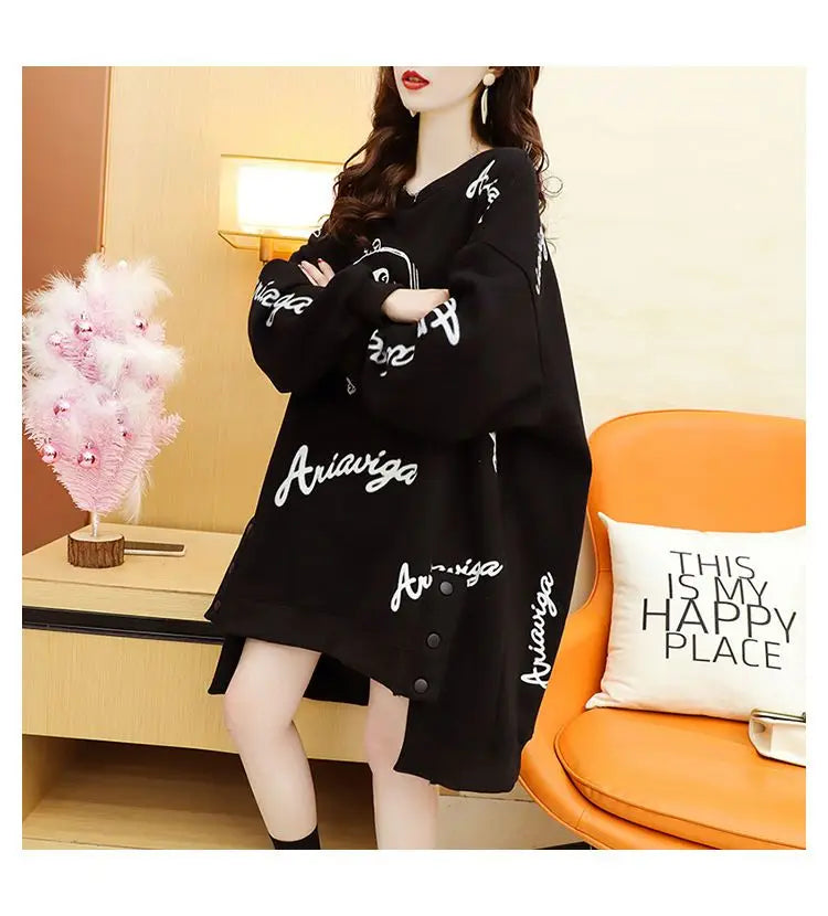 Spring Autumn Y2K Harajuku Printed Sweatshirts Women Round Neck Long Sleeve Mid-length Pullovers Korean Button Asymmetrical Tops