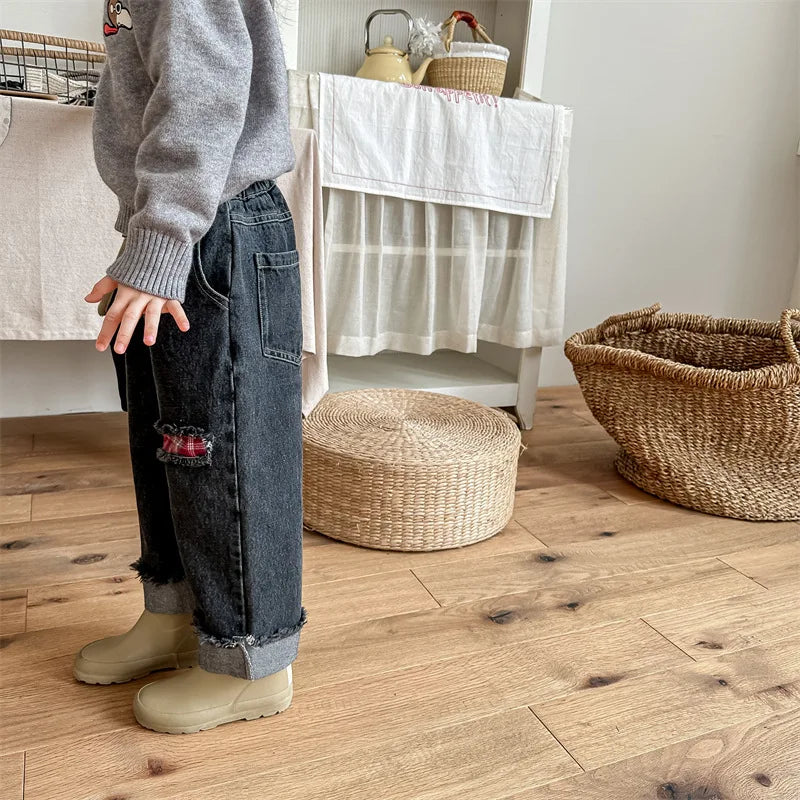 2023 Autumn Spring Baby Girls Boys Denim Pants Loose Fashion Korean Style Kids Casual Jeans Toddler Trouser Children's Clothes