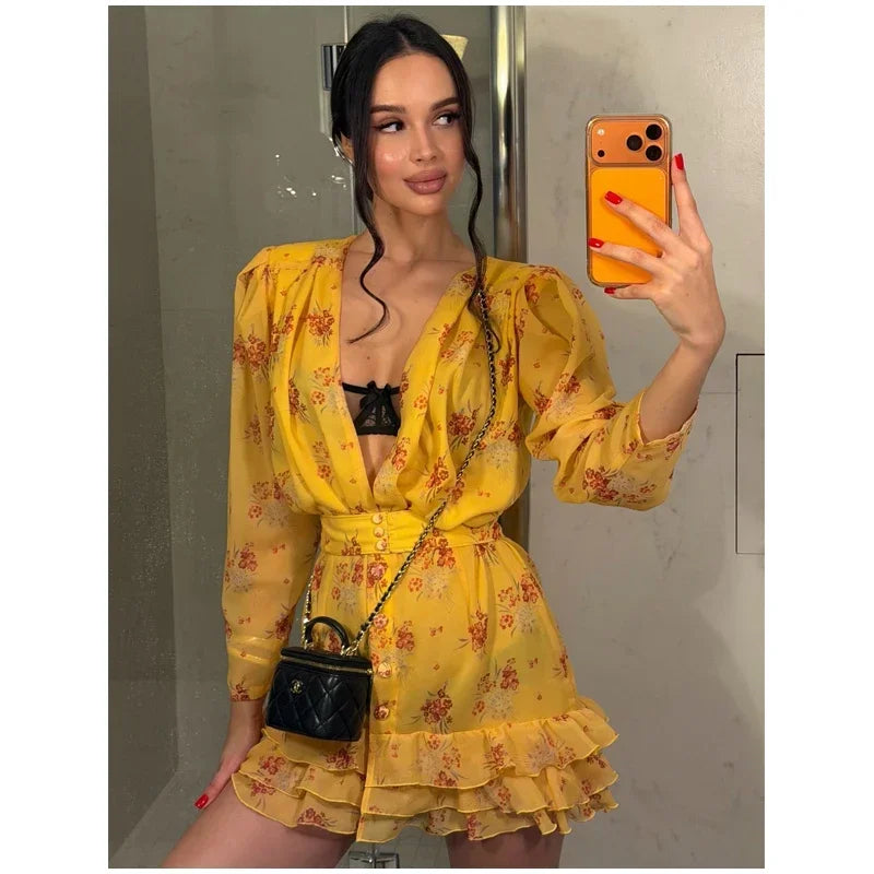 Women Elegant Printed Short Dress Chic V-neck Short Sleeve A-line Bodycon Mini Dresses 2026 Lady New Summer Vacation Street Robe