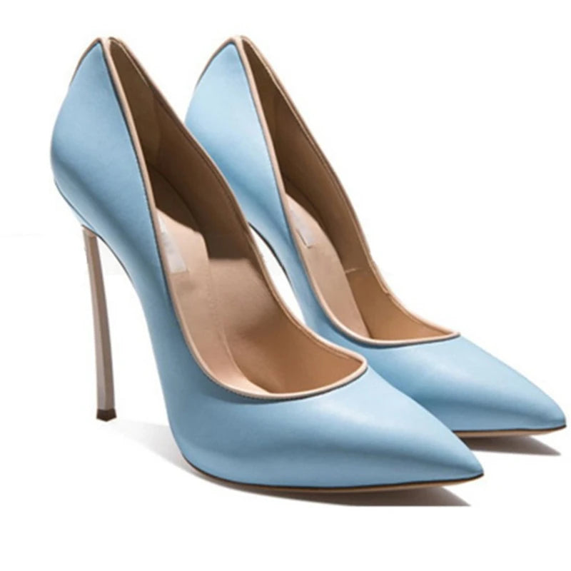 Spring and Autumn New Pointed Shallow Leather Single Shoes Metal Fine High Heel Banquet Dress Customized Large Size Women's Shoe