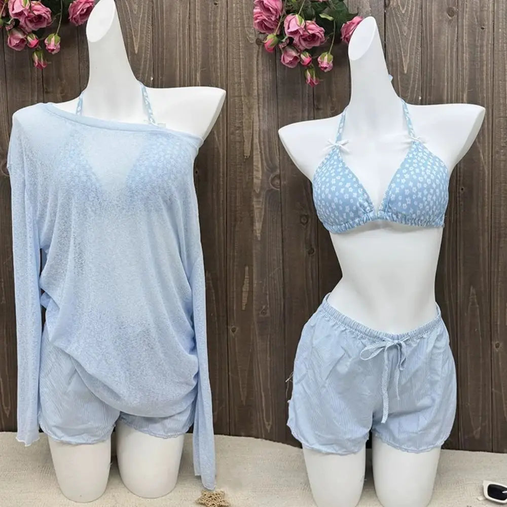Casual Lace-up Women's Swimwear Set Mesh Transparent Beachwear 4Pieces Bikini Swimsuit Sun Protection Loose Bathing Suit Party