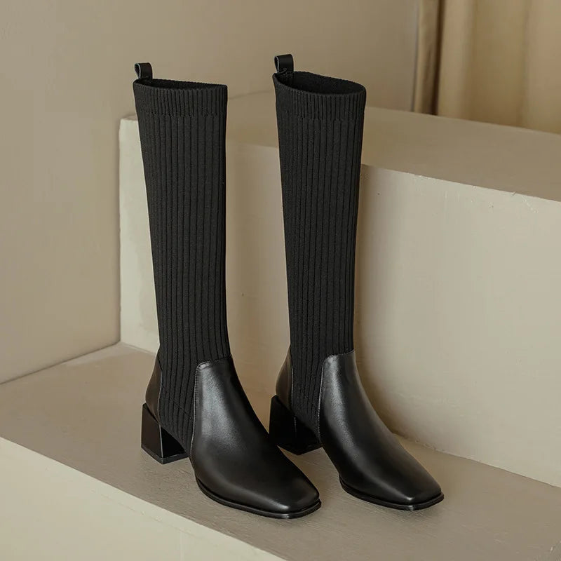 Women Knee-High Sock Boots 2022 New Fashion Knitting Stretch Cloth PU Stitching Long Boots Female Square Toe High Heels
