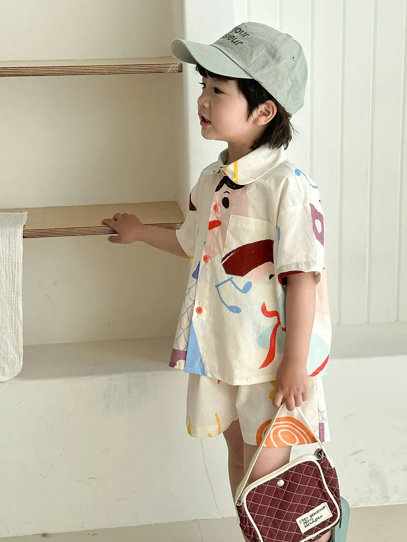 Loose Fit Summer Kids Clothes Set Girls Cute Graffiti Dress Boys Short Sleeved Shirt Children Thin Brother Sisters Outwear Suit