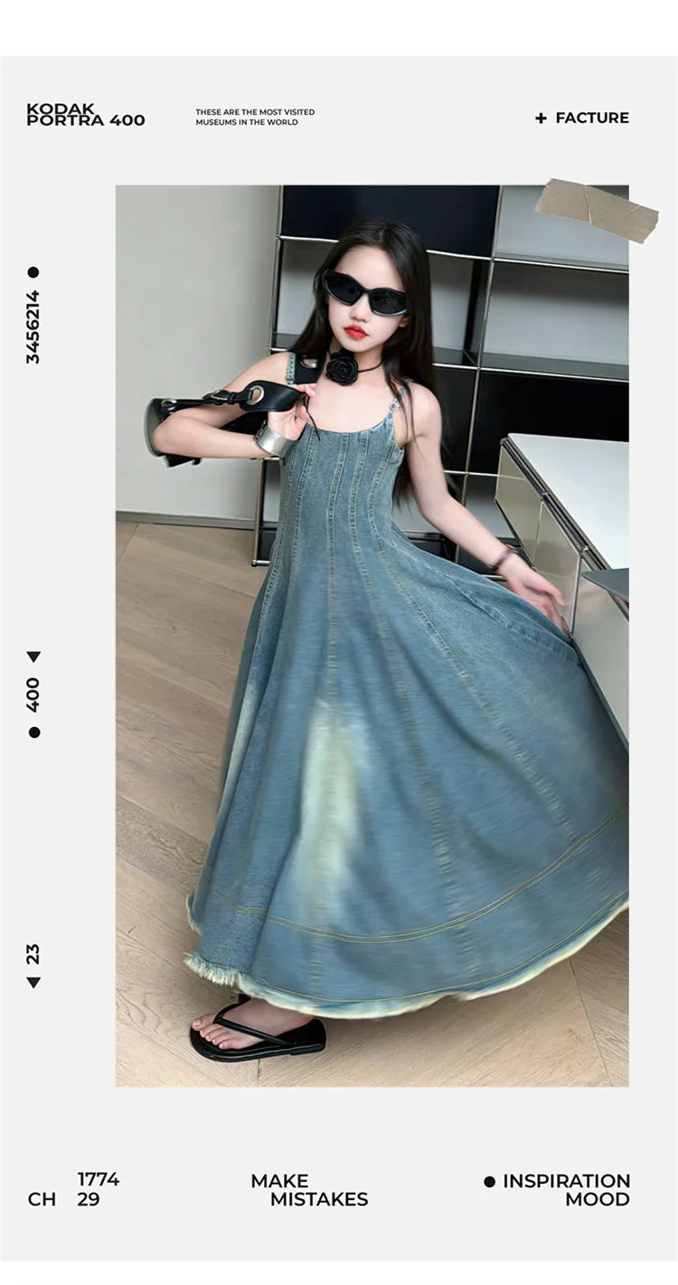 Kids Luxury Clothing Summer Denim Dress with Straps for Teenage Girls High Fashion Streetwear Outfit Children Casual Jeans Dress