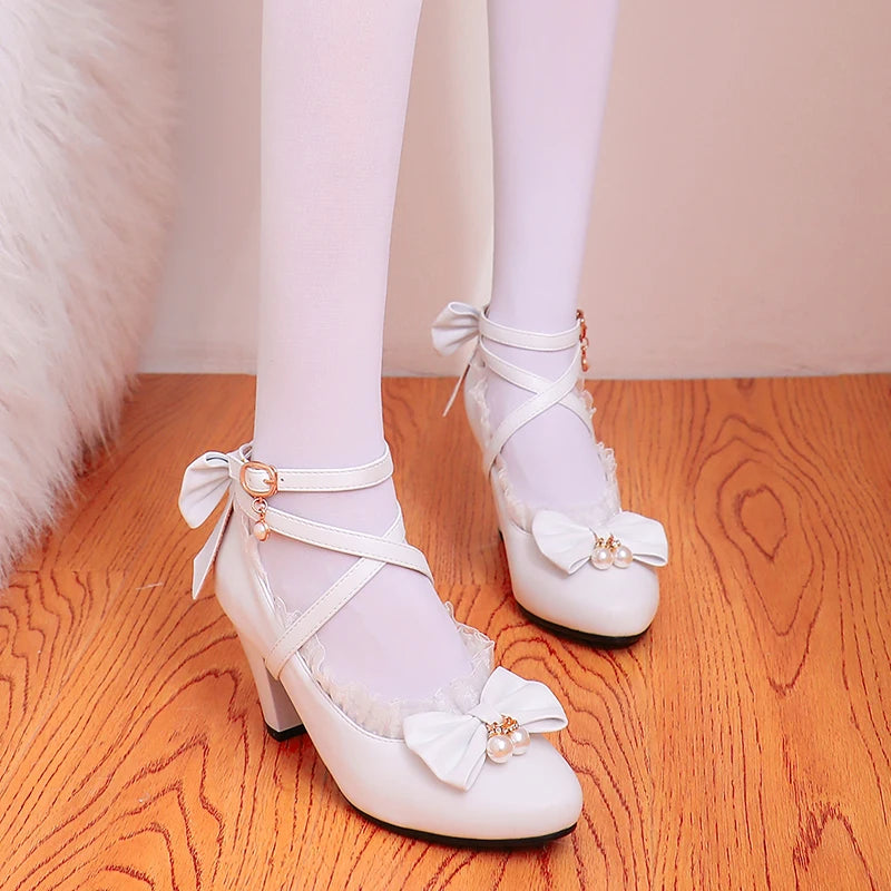 Cross Strap Women Spike High Heels Mary Jane Shoes Party Wedding Cosplay White Pink Lace Ruffles Bow Princess Lolita Pumps 34-43