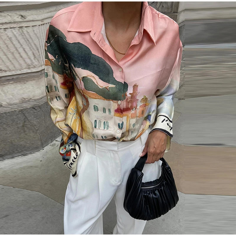 Floral Print Women Two Piece Set With Turn Down Collar Summer Casual Suit