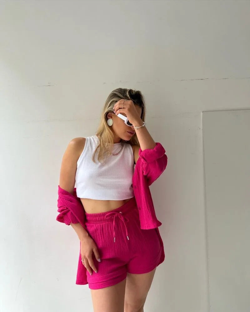 Casual Sleepwear 100% Cotton Pajamas For Women Sets Suit Turn-Down Collar Nine Quarter Sleeve Sleep Tops Shorts Female Homewear