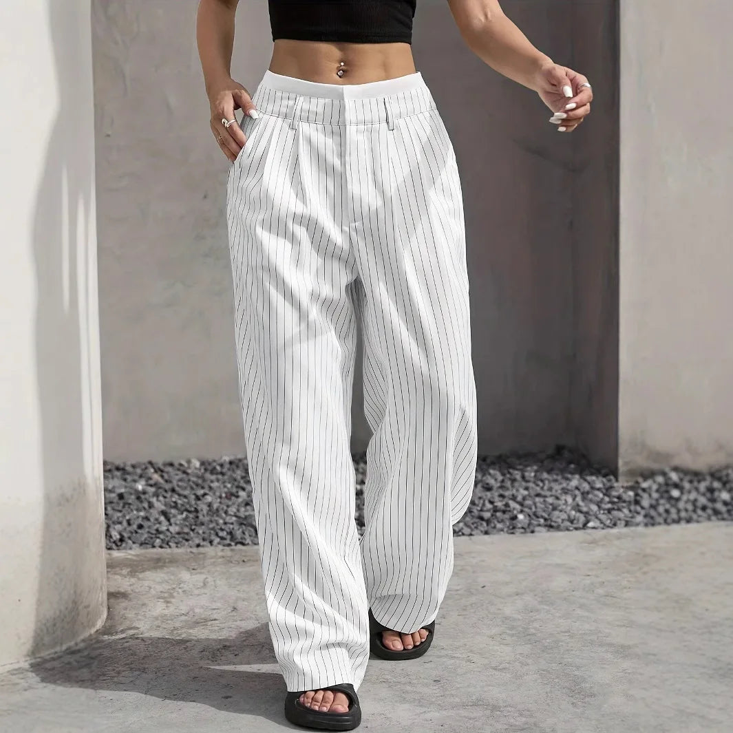 Fashion Pants Women's Stripe Straight Pants 2024 Autumn Winter High Waisted Casual Suit Pants Office Lady Women Trousers Bottoms BAZAARHUBO