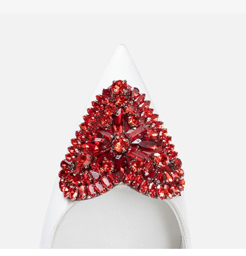Red Bottom Love Water Diamond Shallow Mouth Pointed White High Heels, Women's Style Mingyuan Slim Heels