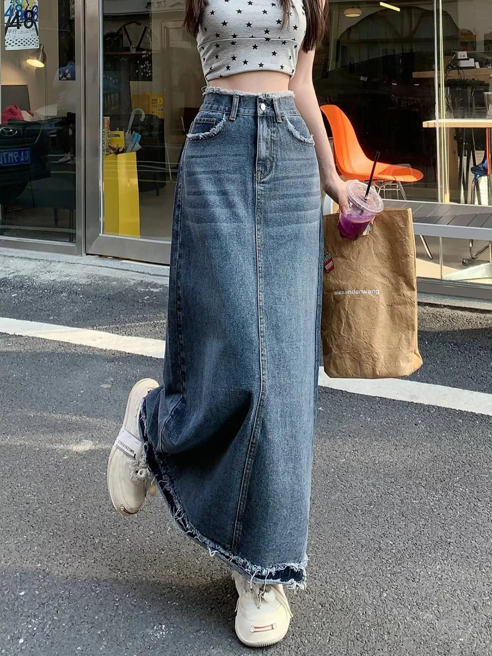 Summer Street Style Rough Edge Skirt Korean Version Women Retro Casual High-waisted A-line Skirt Temperament Loose Denim Skirts