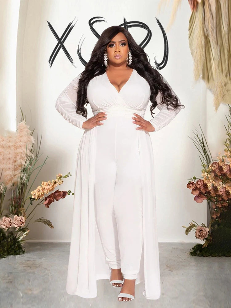 2 Piece Sets Women Outfit Mesh Lace Sleeves Elegant Pants and Blouse Set Sexy Curve Plus Size Clothes Wholesale Dropshipping