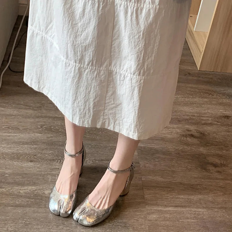 Brand Designer Tabi ninja high heels shoes woman ankle strap silver crack leather pumps split toe D'orsay mary janes shoes woman