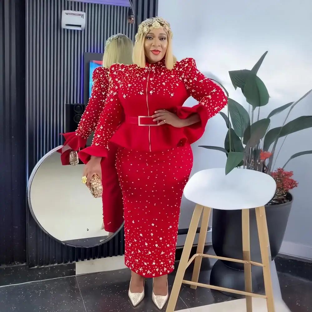 Fashion Suit African Dresses for Woman Rhinestone Turkey Dresses for Women Luxury High Quality Mesh Fabric African Beaded Dress