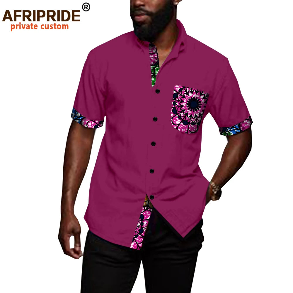 African Shirts for Men Denim Thin Shirt Short Sleeve Pockets Slim Slight Elastic Jeans Cowboy Shirt Clothing Crop Top A2012006